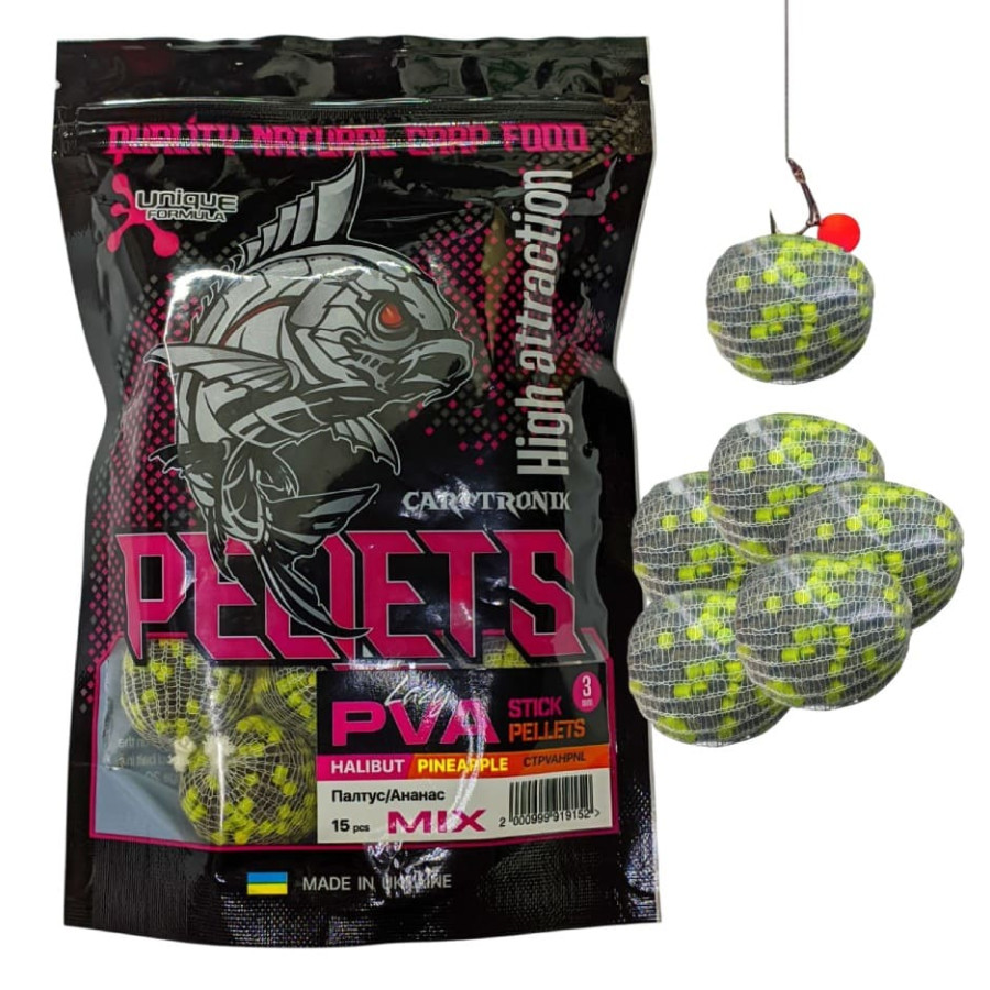 Готовый ПВА стик Carptronik lazy PVA stick pellets Halibut/Pineapple (Палтус/Ананас) 15шт