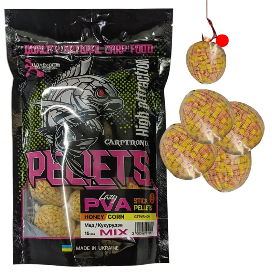 Готовый ПВА стик Carptronik lazy PVA stick pellets Honey/Corn (Мёд/кукуруза) 15шт