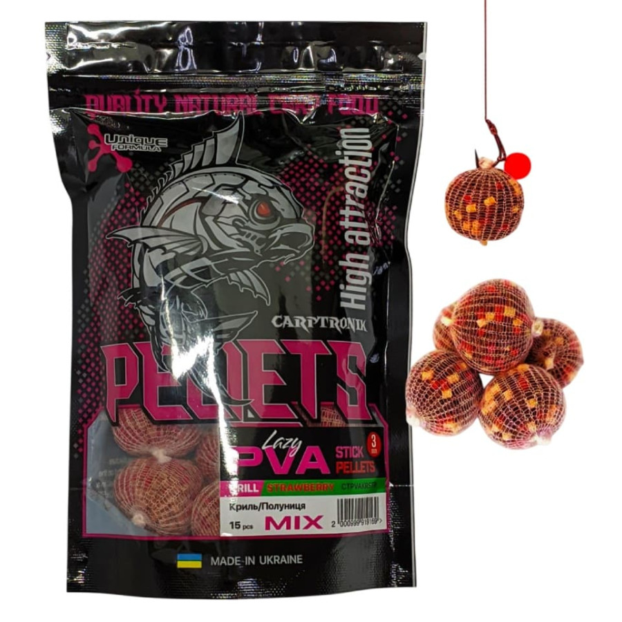 Готовый ПВА стик Carptronik lazy PVA stick Krill/Strawberry (Криль/Клубника) 15шт